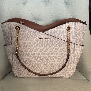 Michael Kors Beige MK Monogram Tote with Brown Trim and Gold Hardware